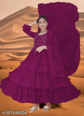 Elegant net toddler ball gowns, children's party dresses with three-quarter sleeves. Exquisite Gulnaz Fashion kids couture gowns for fancy occasions, handcrafted in India