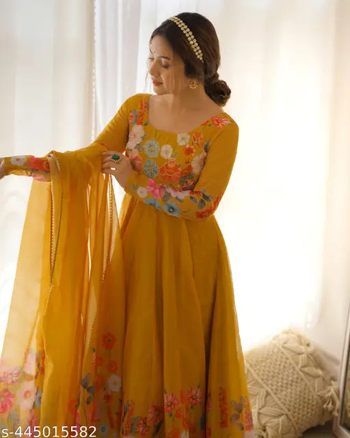 Pure Soft Organja Silk Anarkali Gown with Kali Print, full flair and dupatta, XS-XXL sizes available, India origin