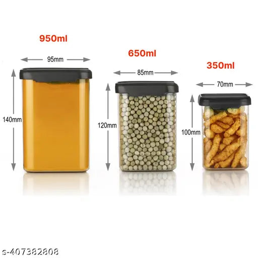 Black plastic grocery containers - 950ml, 650ml, 350ml: Clear, airtight, and versatile square-design storage for pantry organization in India