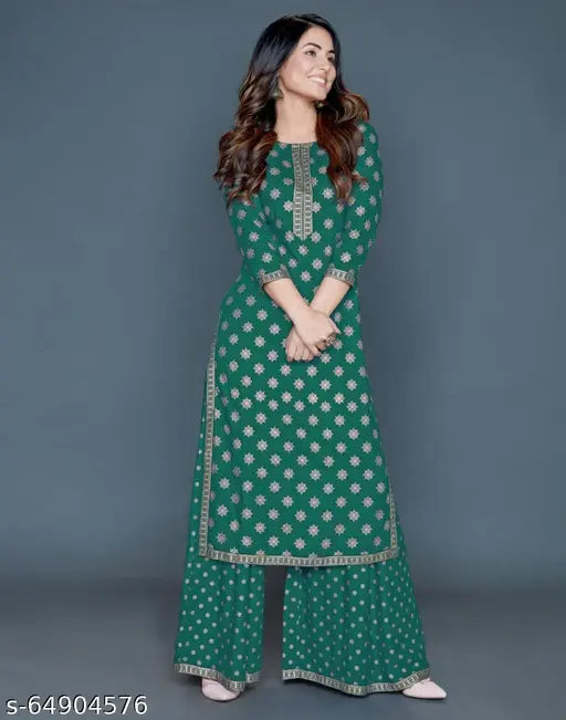 Printed rayon kurta with palazzos, three-quarter sleeves, vibrant Indian design, single set available in sizes M (38in bust, 42in length), L (40in bust, 42in length), XL (42in bust, 42in length), XXL (44in bust, 42in length)