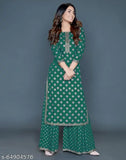 Printed rayon kurta with palazzos, three-quarter sleeves, vibrant Indian design, single set available in sizes M (38in bust, 42in length), L (40in bust, 42in length), XL (42in bust, 42in length), XXL (44in bust, 42in length)
