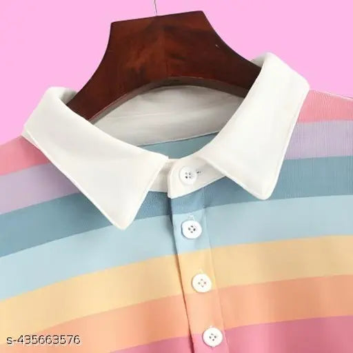 Korean Rainbow Color Splash Polo T-Shirt: Striped pastel long sleeve Lycra shirt in blue, pink, yellow, orange, soft and comfortable, ideal for casual wear, made in India