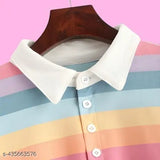 Korean Rainbow Color Splash Polo T-Shirt: Striped pastel long sleeve Lycra shirt in blue, pink, yellow, orange, soft and comfortable, ideal for casual wear, made in India