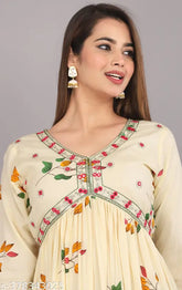 Anarkali printed embroidered rayon kurta for women and girls in three-quarter sleeves, vibrant Indian print design