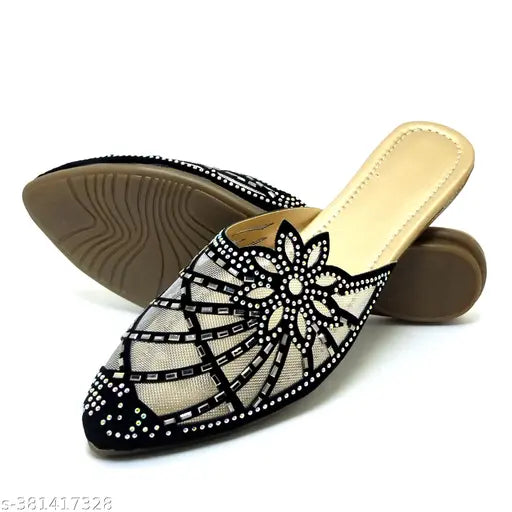 Synthetic black canvas embellished flat boots for women & girls - slip-on, trendy design, comfortable sole, handmade quality from India (Size: IND-4, Foot Length: 24 cm)