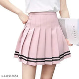 Pink stripe pleated cotton skirt, high waist mini for women sizes 24-34