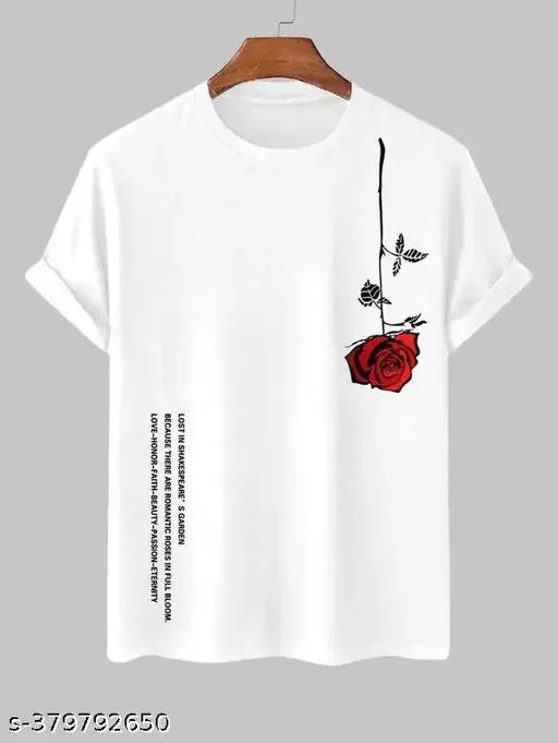 Red cotton short-sleeved t-shirt with printed roses, color: red and white