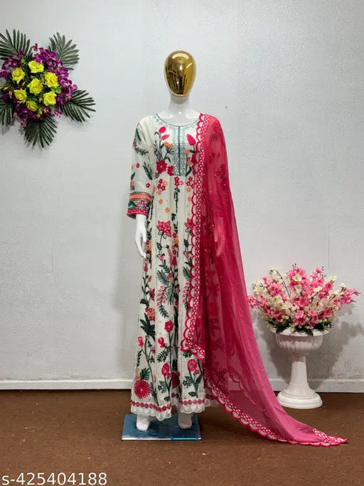 Georgette and silk embroidered Pakistani work suit, three-quarter sleeve party wear for M, XL