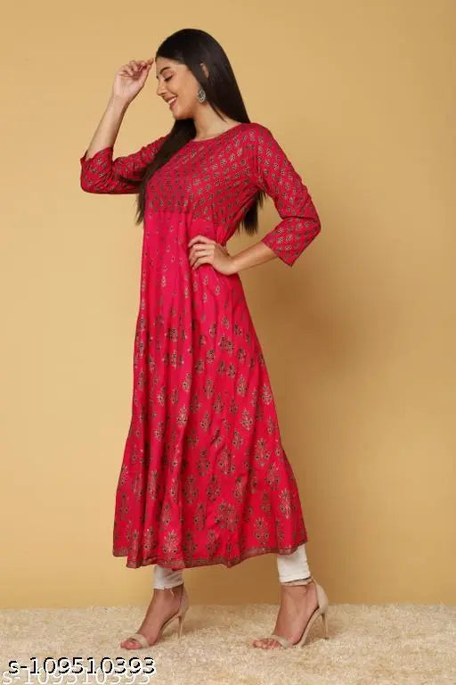 Pink printed anarkali kurta, rayon, three-quarter sleeves, festive season, Indian ethnic wear