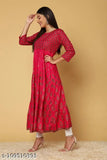 Pink printed anarkali kurta, rayon, three-quarter sleeves, festive season, Indian ethnic wear