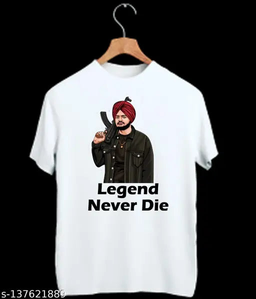 Sidhu Moosewala printed polyester t-shirt with gun, featuring 'Legend Never Die' design. Short sleeves, available in S, M, L, XL