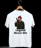 Sidhu Moosewala printed polyester t-shirt with gun, featuring 'Legend Never Die' design. Short sleeves, available in S, M, L, XL