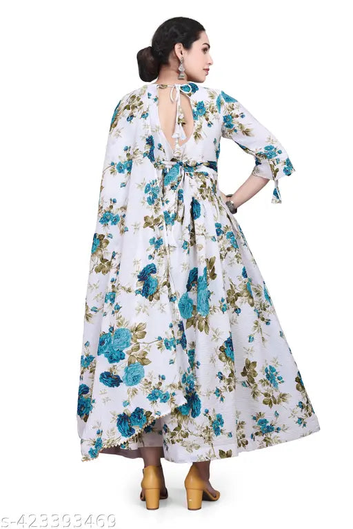 Printed crepe long-sleeve cotton party dress for women, girls aged 12 and up. Indian ethnic and western styles available