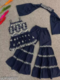 Embroidered Georgette girls' kurta sharara set, A-line top with calf length and sleeveless design, trendy fashion for 1-15 years old Indian wear