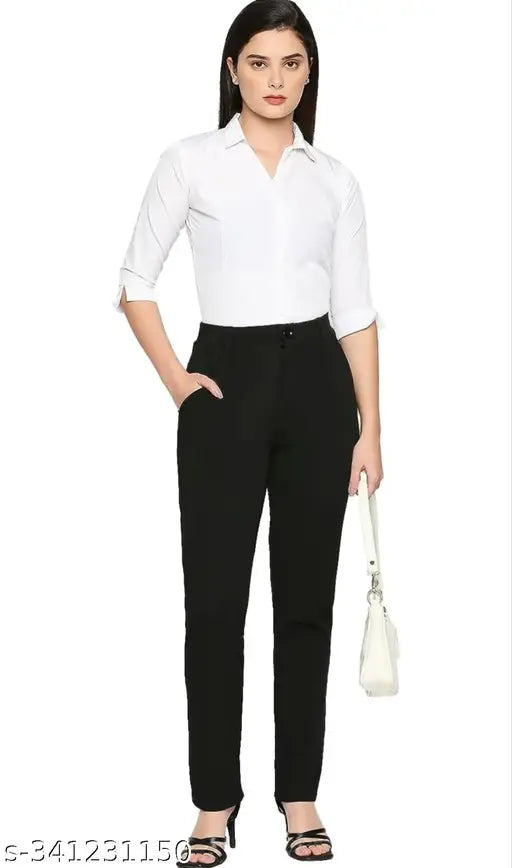 Black stretchable Lycra formal trousers for women, solid pattern, elastic pocket