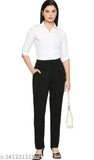 Black stretchable Lycra formal trousers for women, solid pattern, elastic pocket