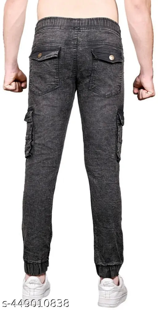 Men's blue denim jogger jeans with six pockets, solid color. Black denim joggers for men and women, available in sizes 28, 30, and 32." (122 characters)