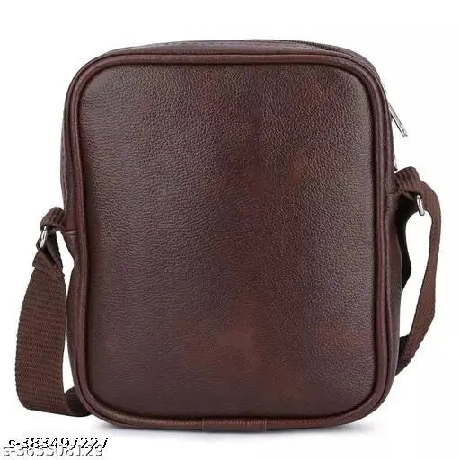 Brown faux leather sling cross body travel bag for men, single compartment with adjustable strap, ideal for outdoor activities
