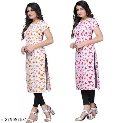 Women's American Crepe Straight Kurta Combo (Set of 2), printed design, short sleeves, S-XXL sizes, affordable Indo-Western fashion from India