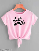 Pink knot cotton blend crop top with 'Just Smile' printed design, short sleeves, S-XL sizes