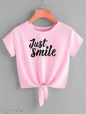 Pink knot cotton blend crop top with 'Just Smile' printed design, short sleeves, S-XL sizes