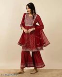Embroidered Rayon kurta-sharara set with dupatta, three-quarter sleeves, Indian ethnic wear for women