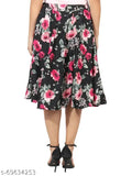 Grace Diva pink rose floral print mid-calf length women's skirt combo in navy blue and white, crepe polyester, size 26-36 (India origin)
