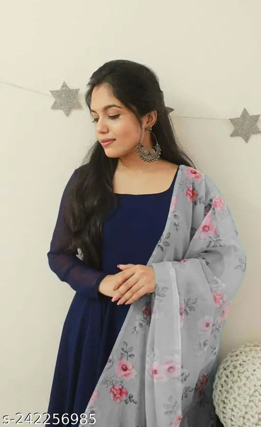 Manudi blue georgette kurti gown with digital print dupatta, three-quarter sleeves, Indian ethnic wear for women - S to XXL