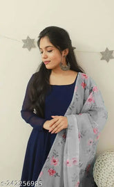 Manudi blue georgette kurti gown with digital print dupatta, three-quarter sleeves, Indian ethnic wear for women - S to XXL