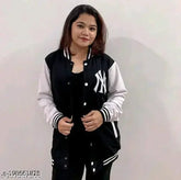 Black print-patterned women's fleece Bomber/Varsity jacket, featuring stand collar, 2 front snap pockets, and long sleeves with ribbed cuffs and bottom hem. Perfect for winter wear. Made in India (Size options: S, M, L, XL)