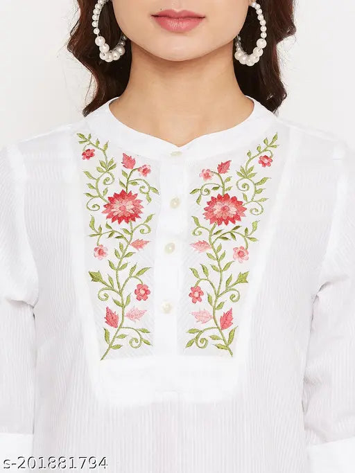 Floral embroidered rayon tunic, short sleeves, vibrant shades, silk thread yoke, mandarin collar, roll-up styling, curved hem. White cotton tunic for office or college wear, Indian origin