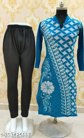 Fancy blue woolen kurti set with leggings, long sleeve, printed net pattern on Indian-made traditional attire" (98 characters)
