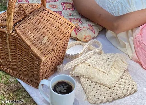 Handmade boho-style macrame sling bag in off white cotton rope, free size with self-design pattern, crafted by Craft Plus