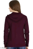 Indian-made stylish fleece wine plane zipper hoodie in solid color, long sleeves for women