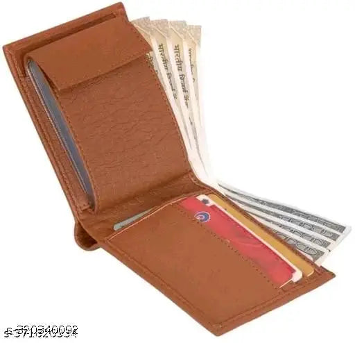 Tan PU casual men's wallet with 8 card slots, solid design, 5 compartments, and photo/card sleeves. Durable leather feel, portable size for everyday use, perfect gift accessory." (107 characters)