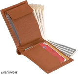 Tan PU casual men's wallet with 8 card slots, solid design, 5 compartments, and photo/card sleeves. Durable leather feel, portable size for everyday use, perfect gift accessory." (107 characters)