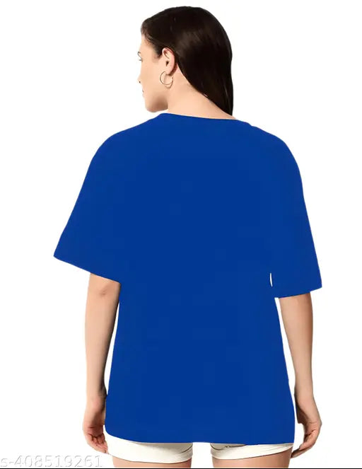 Royal blue trendy oversize t-shirt for girls and women, printed with a happy design on cotton blend fabric
