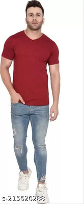 Cotton blend v-neck men's t-shirt, solid pattern for casual wear, size S-L (38in-42in)