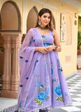 Lavender printed georgette kurta and dupatta for women, Parpal gwon XXL on model