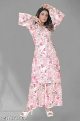 Trendy Crepe co-ord set, long sleeve palazzos and kurta in printed net, women's and girls fashion, Indian origin