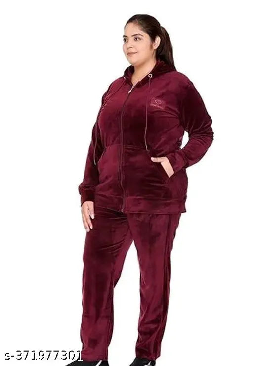 Maroon velvet Huddy Zipper Night Suit, comfortable winterwear for women
