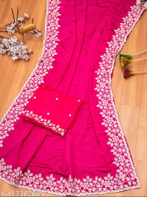 Intricate cotton thread embroidery on chiffon saree fabric with 3mm cording - elegant and detailed textured design