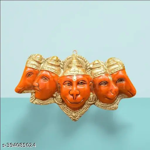 Orange resin Panchmukhi Hanuman ji statue, 17 cm wide x 10 cm high, for door entrance wall hanging idol
