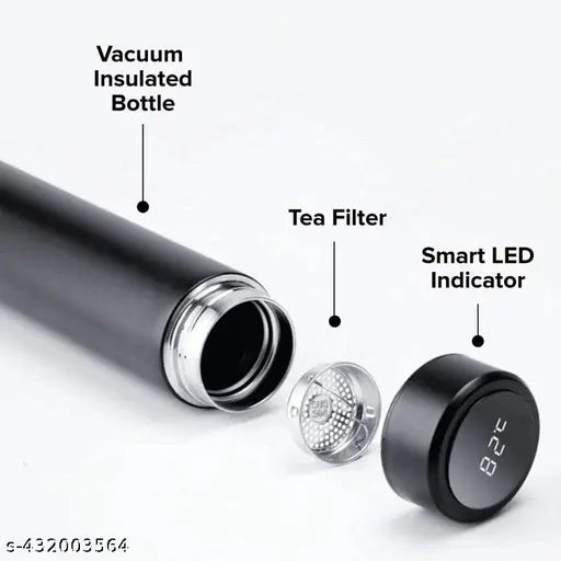 Black stainless steel LED temperature display water bottle, leak-proof and BIS/ISI certified