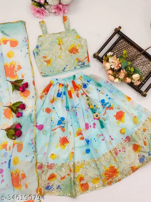 Silk georgette Gillkart lehenga set for 3-14 year old girls, featuring embroidered and printed dupatta, sleeveless blouse. Indian ethnicwear designer clothing on sale