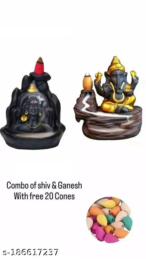 Poly resin Lord Shiva & Ganesha backflow incense combo, 20 free cones, Indian handcrafted artistry