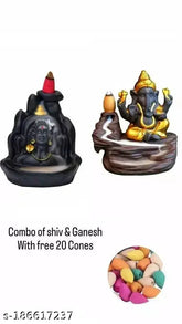 Poly resin Lord Shiva & Ganesha backflow incense combo, 20 free cones, Indian handcrafted artistry