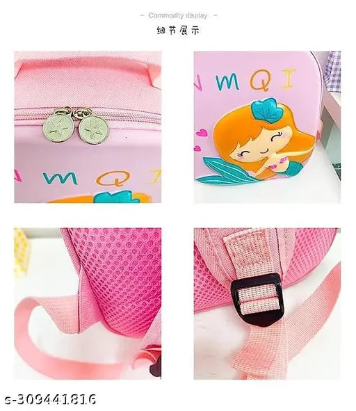 Pink nylon mermaid-themed backpack, ideal for preschool kids, waterproof, adjustable shoulder strap, free size (30cm x 27cm), made in India