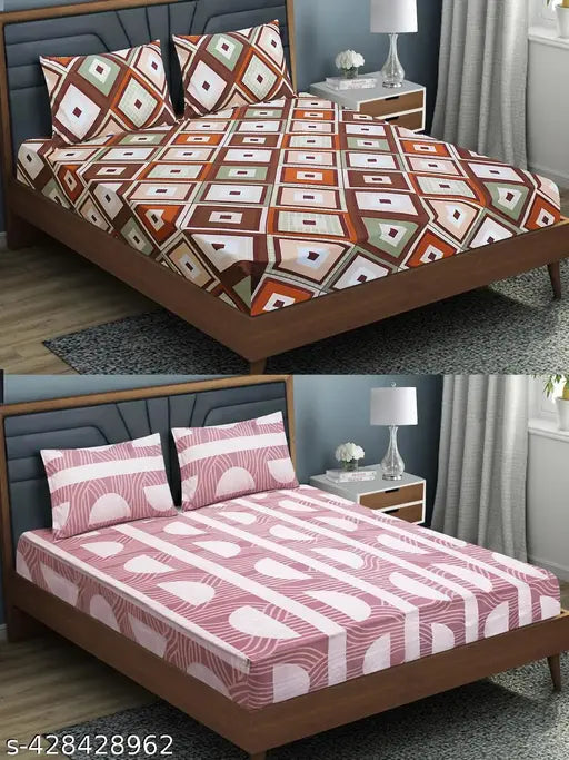 Microfiber double floral fitted bedsheet set (pack of 2), featuring elastic corners and 10-inch skirt, in geometric pattern, ideal for summer