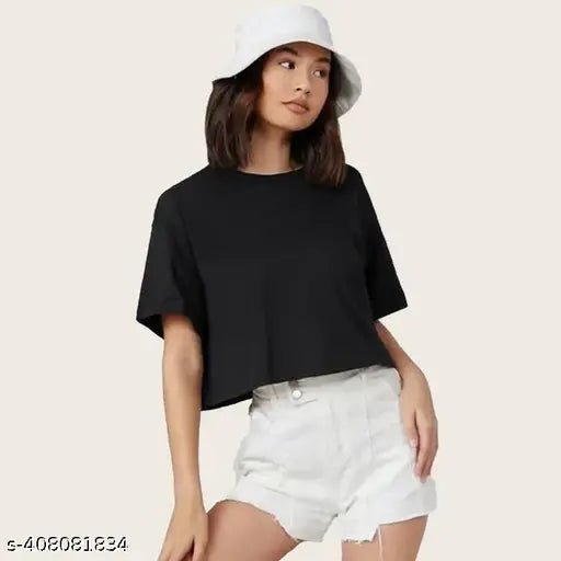 Black cotton crop T-shirt for women, stylish solid design, short sleeves, XS-XL sizes